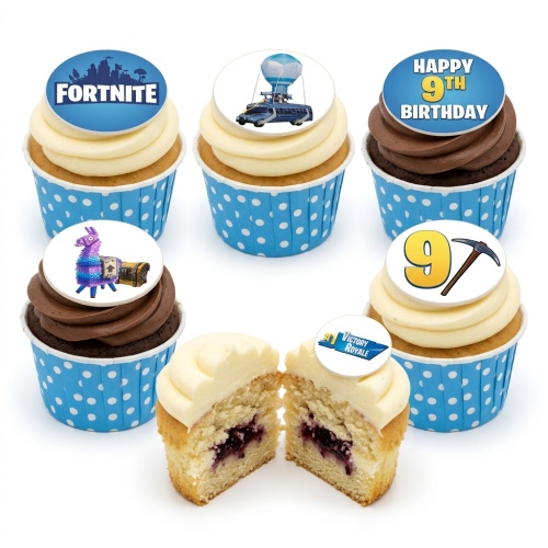 Fortnite themed cupcakes with various game elements and a custom age topper.