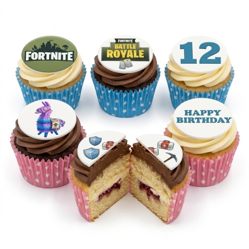 Fortnite themed cupcakes with game logos, Llama character, and custom age and Happy Birthday toppers.