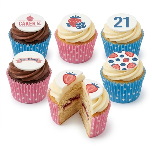 Assortment of fruit and berry themed birthday cupcakes with custom age and message toppers.