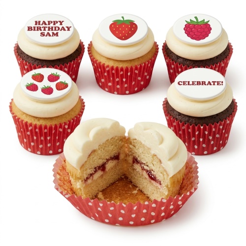 Strawberry and raspberry themed birthday cupcakes with personalised message toppers.