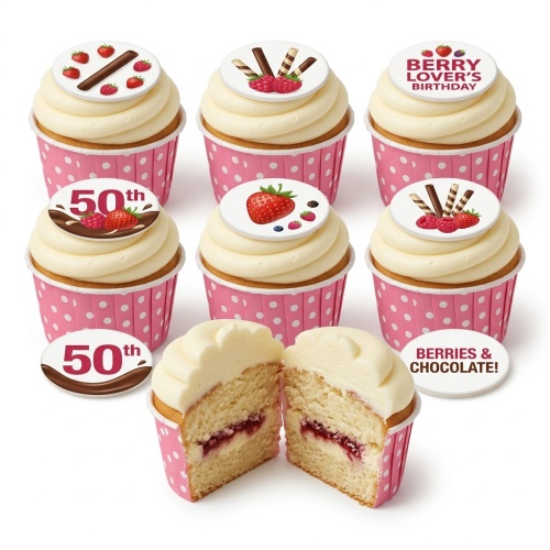 Vanilla cupcakes with white frosting, berry and chocolate edible toppers, and pink polka dot wrappers.