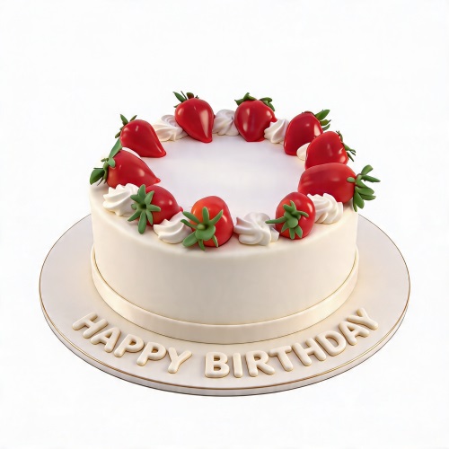 Round white birthday cake with red strawberries and white cream swirls.