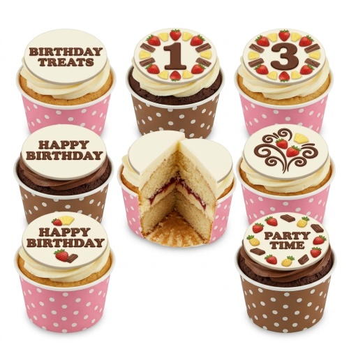 Assorted birthday cupcakes with white and brown frosting, topped with edible discs featuring custom age numbers, birthday messages, fruit, and chocolate decorations.