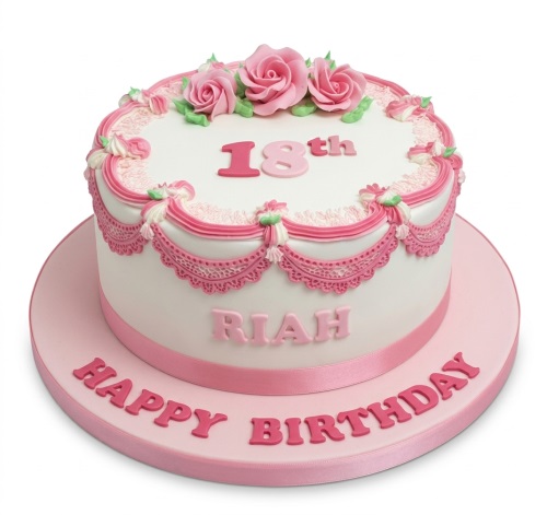 White round birthday cake with pink roses, green leaves, and lace piping, with a custom age and name.