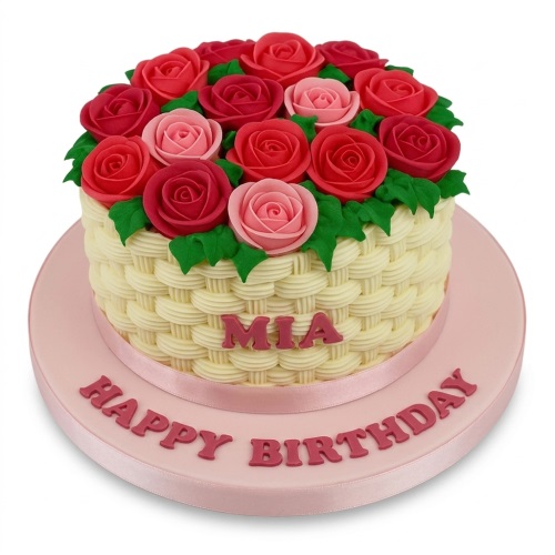 Round floral basket birthday cake with pink and red roses, green leaves, and custom name.
