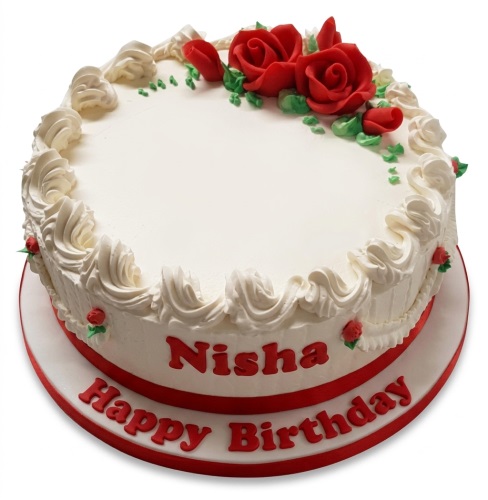 Round white birthday cake with red sugar roses, green leaves, cream piping, and a custom message.