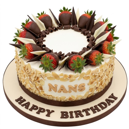 Round birthday cake with fresh strawberries, chocolate, and flaked almonds. Personalised message.