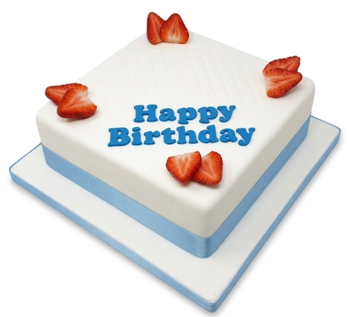 Square white birthday cake with fresh strawberry halves and blue 'Happy Birthday' message, with a blue ribbon.