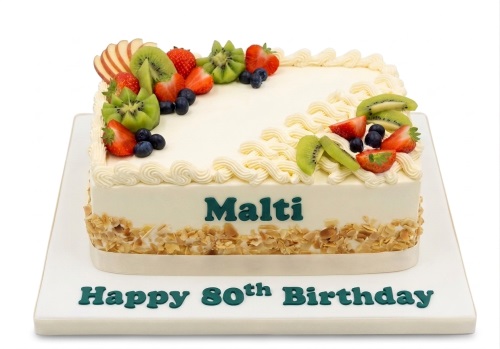 Square fresh fruit birthday cake with cream swirls, strawberries, kiwi, blueberries, apple, and almond flakes.