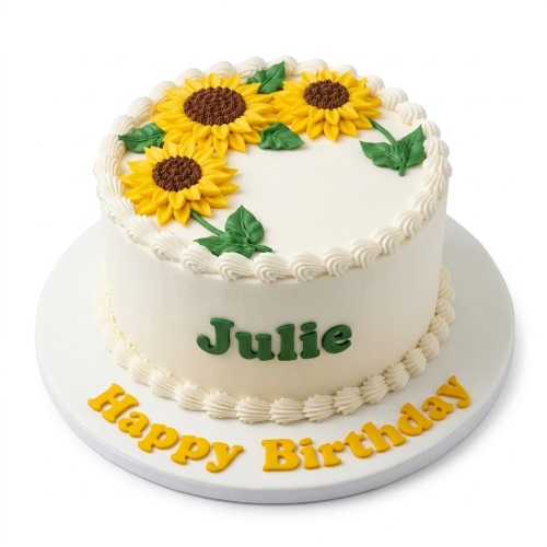 White birthday cake with yellow sunflowers and green leaves, ready for personalisation.