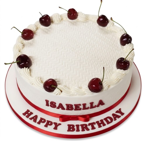 Round white birthday cake with fresh cherries and white piped rosettes, red ribbon around the base.