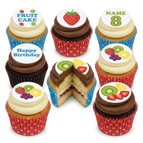 Assortment of fruit-themed birthday cupcakes with custom age and name toppers on white and chocolate frosting.