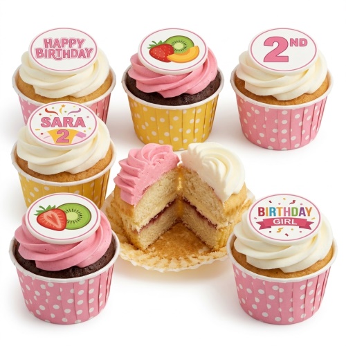 Assorted cupcakes with pink and white frosting, fruit toppers, and birthday messages.