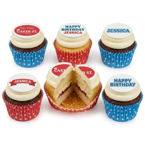 Assortment of personalised birthday cupcakes with custom message toppers in red and blue cases.