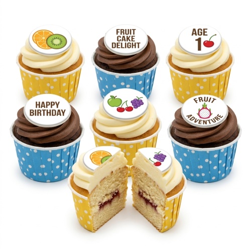 A selection of fruit-themed birthday cupcakes with white and chocolate frosting, featuring custom age and message toppers.
