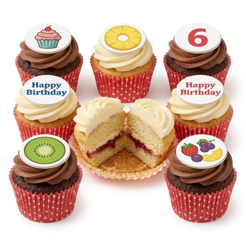 A selection of cupcakes with white frosting and chocolate frosting, topped with various fruit designs, 'Happy Birthday' messages, and a red number 6 topper.
