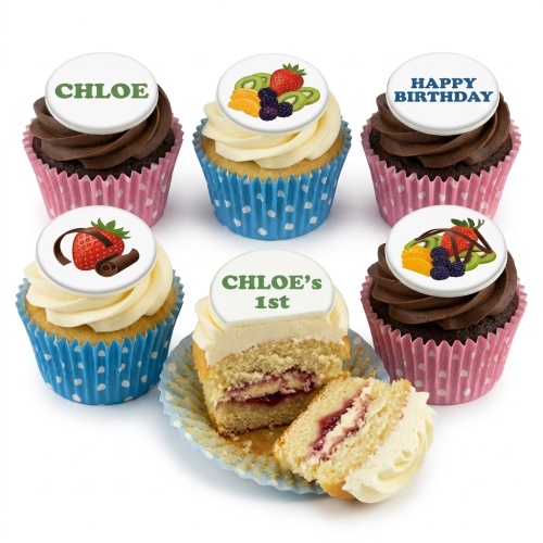 Six cupcakes with chocolate and vanilla frosting, topped with edible fruit designs and custom birthday messages.