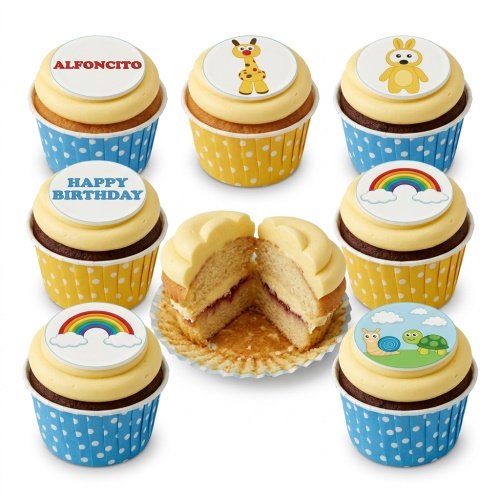 Assorted kids birthday cupcakes with animal and rainbow edible toppers, some with custom text.