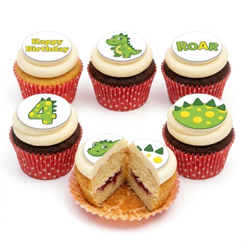 Assortment of dinosaur-themed birthday cupcakes with 'Happy Birthday', 'ROAR', and custom age '4' toppers.