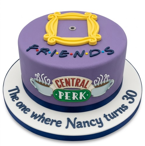 Purple Friends TV show birthday cake with yellow peephole frame, Central Perk logo, and custom message.