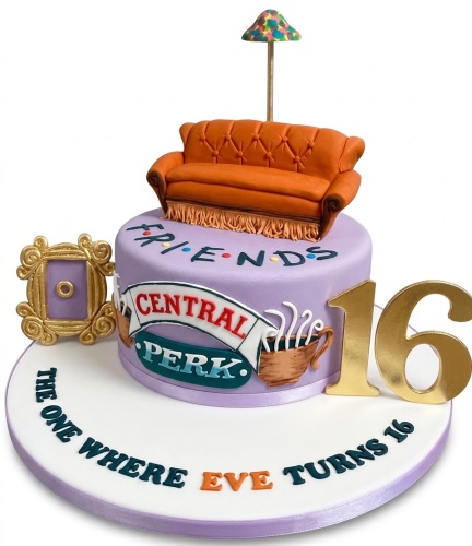 Round Friends TV show themed birthday cake with orange couch, Central Perk logo, purple door frame, and custom age topper.