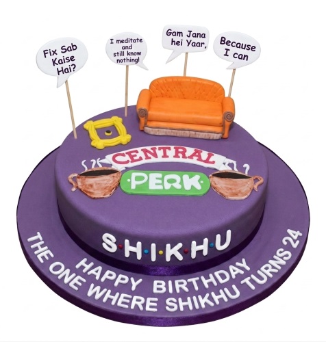 Purple Friends TV show themed birthday cake with orange sofa, Central Perk logo, and coffee cups.