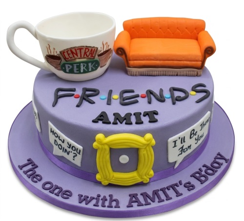 Friends TV show birthday cake with Central Perk mug, orange sofa, and custom message.