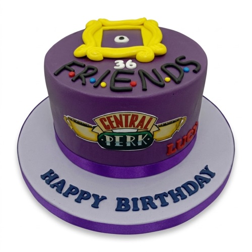 Purple Friends TV Show birthday cake with Central Perk logo, yellow frame, and custom age.