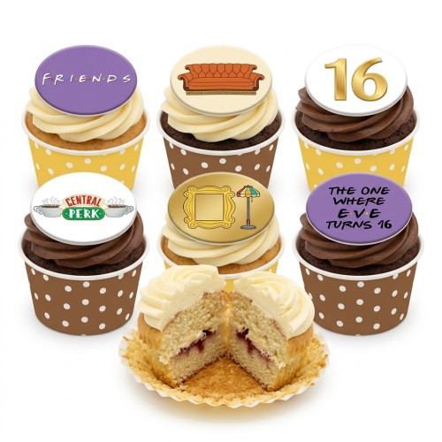 Friends TV show themed cupcakes with Central Perk, sofa, frame, and custom age toppers.