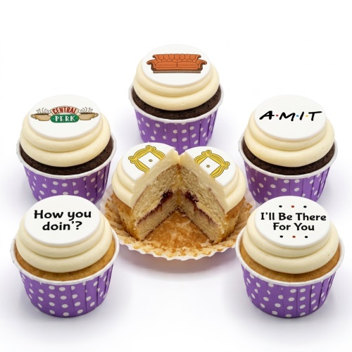 Friends TV show themed cupcakes with Central Perk, orange couch, peephole frame, and custom messages.
