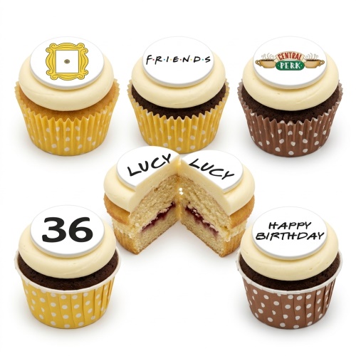 Friends TV Show themed cupcakes with Central Perk, peephole frame, and custom age/name toppers.