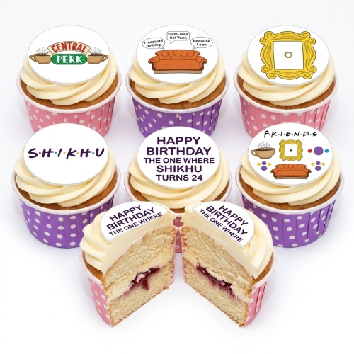 Friends TV Show themed birthday cupcakes with Central Perk, orange couch, and peephole frame toppers.