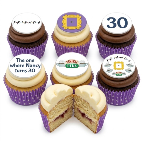 Friends TV Show themed cupcakes with Central Perk, peephole frame, and custom age toppers