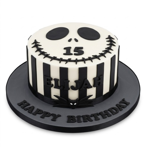 Round single-tier Jack Skellington themed birthday cake with black and white stripes, skull face, custom age topper, personalised name, and "Happy Birthday" message on the board.