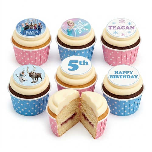 Cupcakes with Disney Frozen character toppers, a custom age topper, and a personalised name topper.
