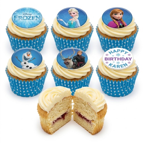 Disney Frozen character cupcakes with Elsa, Anna, Olaf, Kristoff, and Sven toppers, in blue polka dot wrappers.