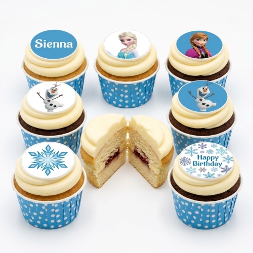 Set of Disney Frozen themed cupcakes with Elsa, Anna, Olaf, and snowflake toppers, some with personalised messages.
