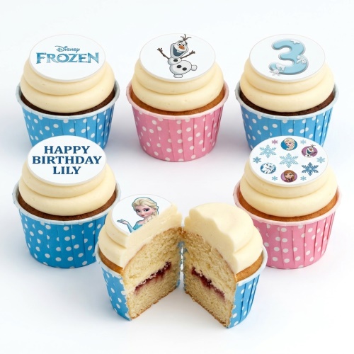 Disney Frozen themed cupcakes with Elsa, Olaf, and logo toppers, featuring custom age and name examples.