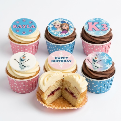 Assortment of Frozen theme birthday cupcakes with Elsa, Anna, Olaf, and customisable toppers.