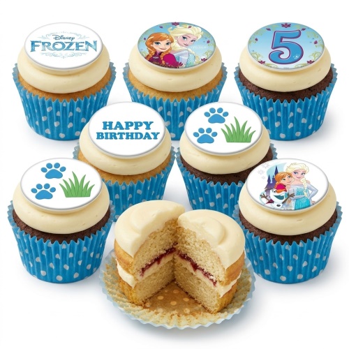 Disney Frozen themed cupcakes with Elsa, Anna, Olaf, custom age topper, and Happy Birthday message.