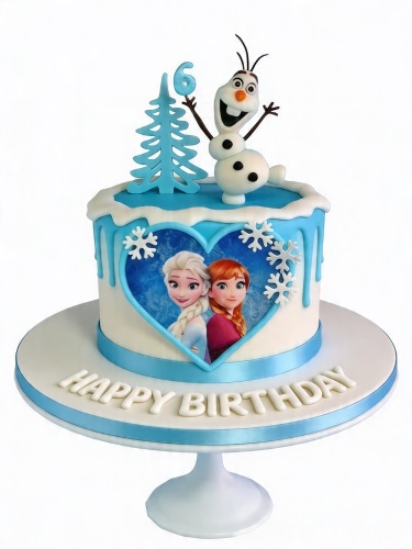 Round blue and white Frozen birthday cake with Olaf, Elsa, Anna, snowflakes, and a number 6 topper.