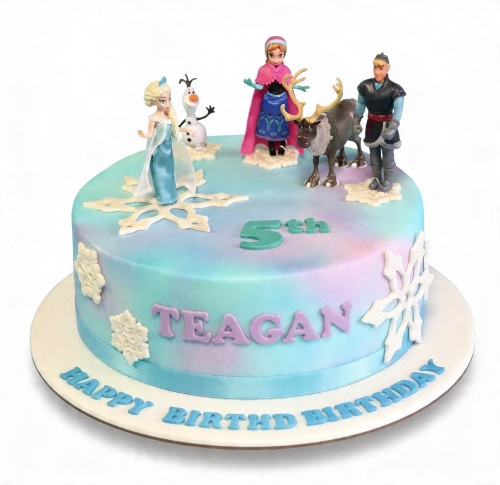 Round Frozen theme birthday cake with Elsa, Anna, Olaf, Kristoff, Sven figurines, snowflakes, custom name and age