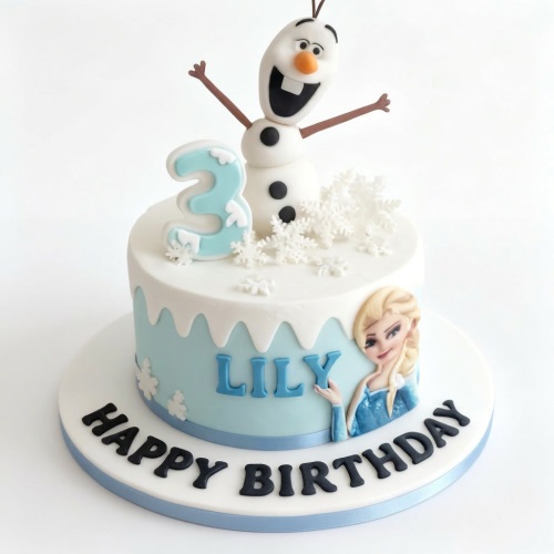 Round white and blue Frozen birthday cake with Olaf topper, Elsa image, snowflakes, and custom age number.