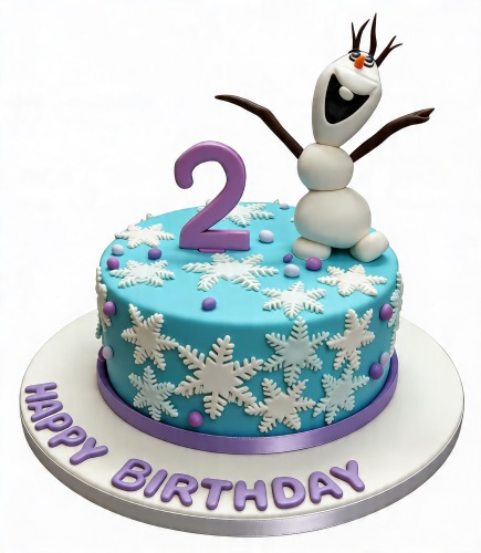 Olaf themed birthday cake with snowflakes, a custom age topper, and a 'Happy Birthday' message.