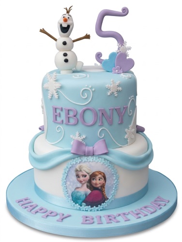 Two-tiered Disney Frozen birthday cake with Olaf, Elsa, Anna, snowflakes, and a custom age topper.