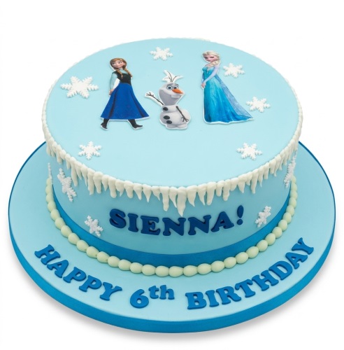 Two-tier light blue Frozen theme birthday cake with Elsa, Anna, Olaf, snowflakes, and custom age and name.