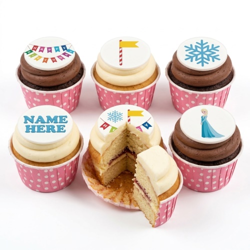 Frozen theme cupcakes with Elsa, snowflake, and birthday bunting toppers on vanilla and chocolate sponge.