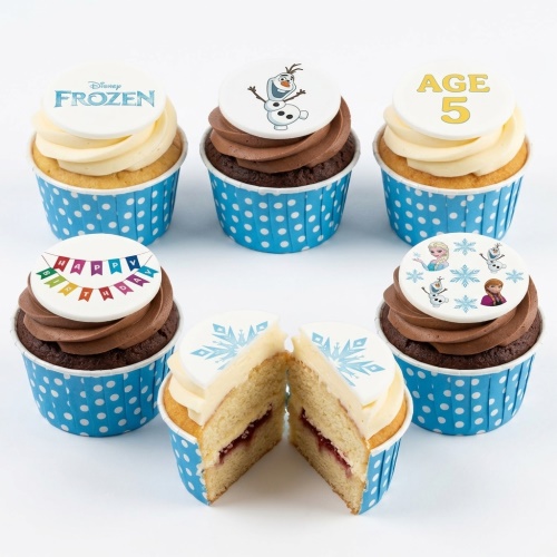 Disney Frozen themed birthday cupcakes with Elsa, Anna, Olaf, and snowflake toppers, with a custom age example.