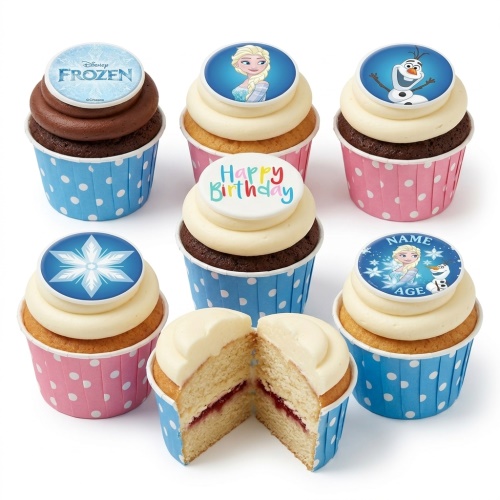 Disney Frozen cupcakes with Elsa, Olaf, and snowflake toppers, in blue and pink polka dot wrappers, with a custom age and name example.
