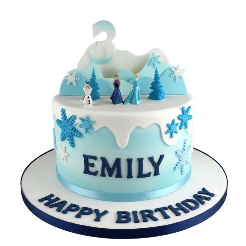 Frozen theme birthday cake with Elsa, Anna, and Olaf figures, blue and white snowflakes, mountain backdrop, and custom age topper.